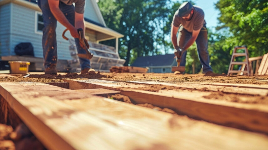 Deck construction crew building a durable custom deck with precision and high-quality materials