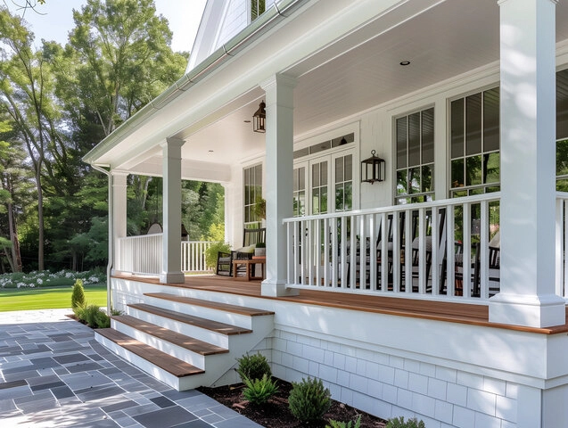 Stylish front porch with decorative railings and cozy seating area in Sacramento