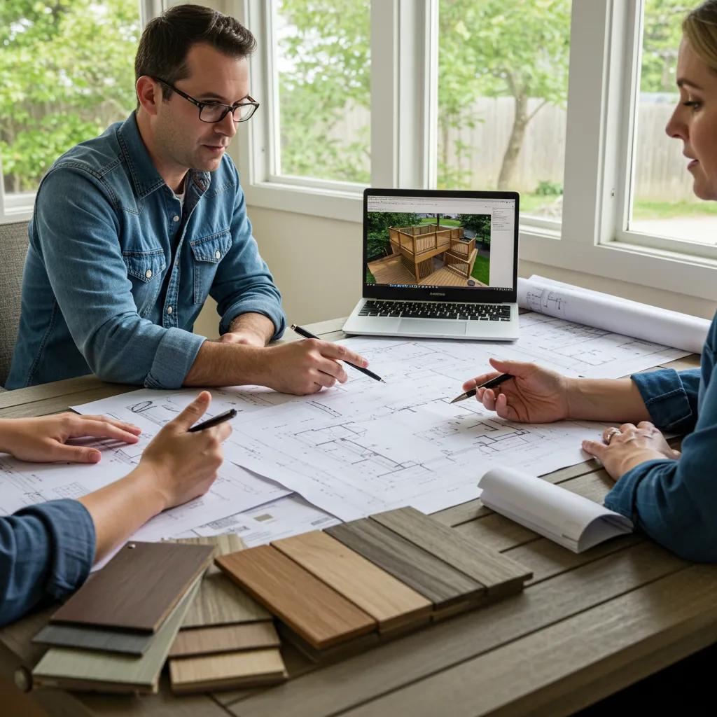 Homeowner meeting with a professional deck builder for backyard renovation planning in Bergen County NJ