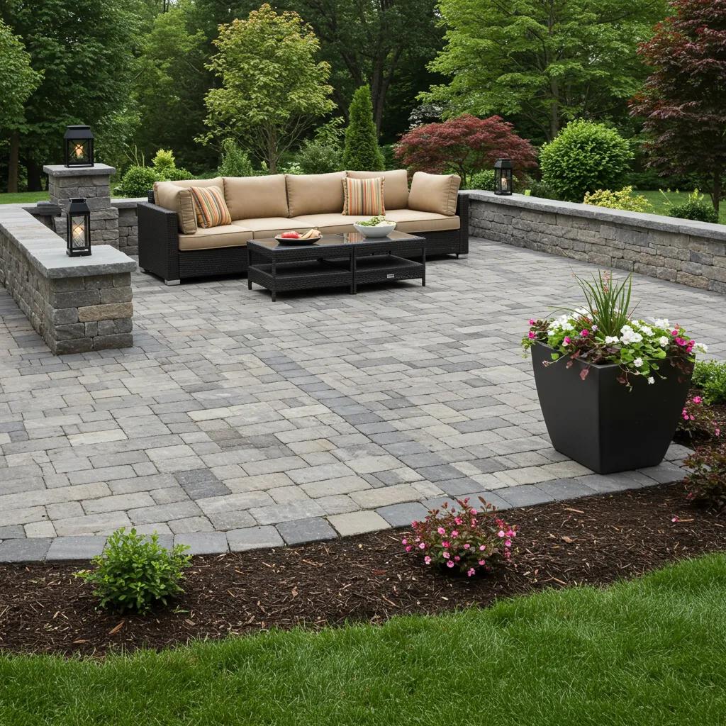 Beautiful patio with natural stone pavers, comfortable seating, and landscaped garden designed in Bergen County NJ