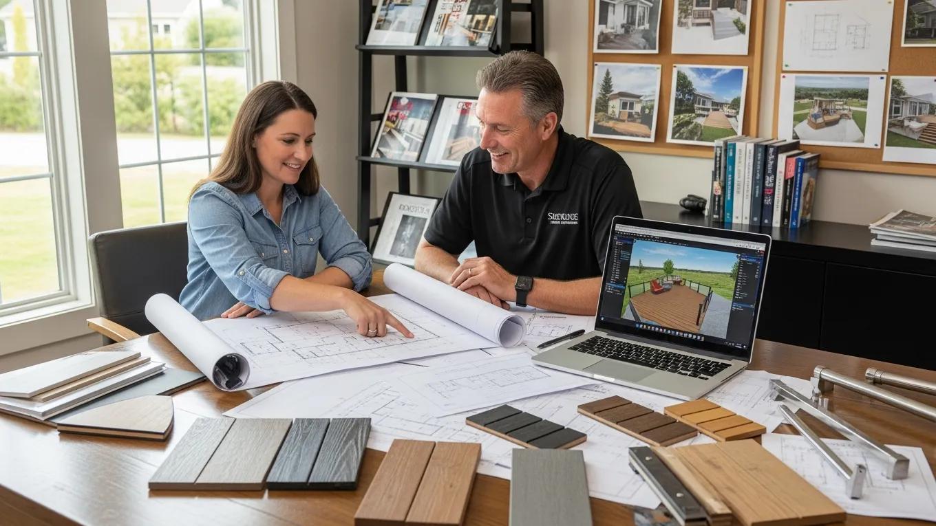 Deck building expert discussing project timelines, materials, and permits with a homeowner